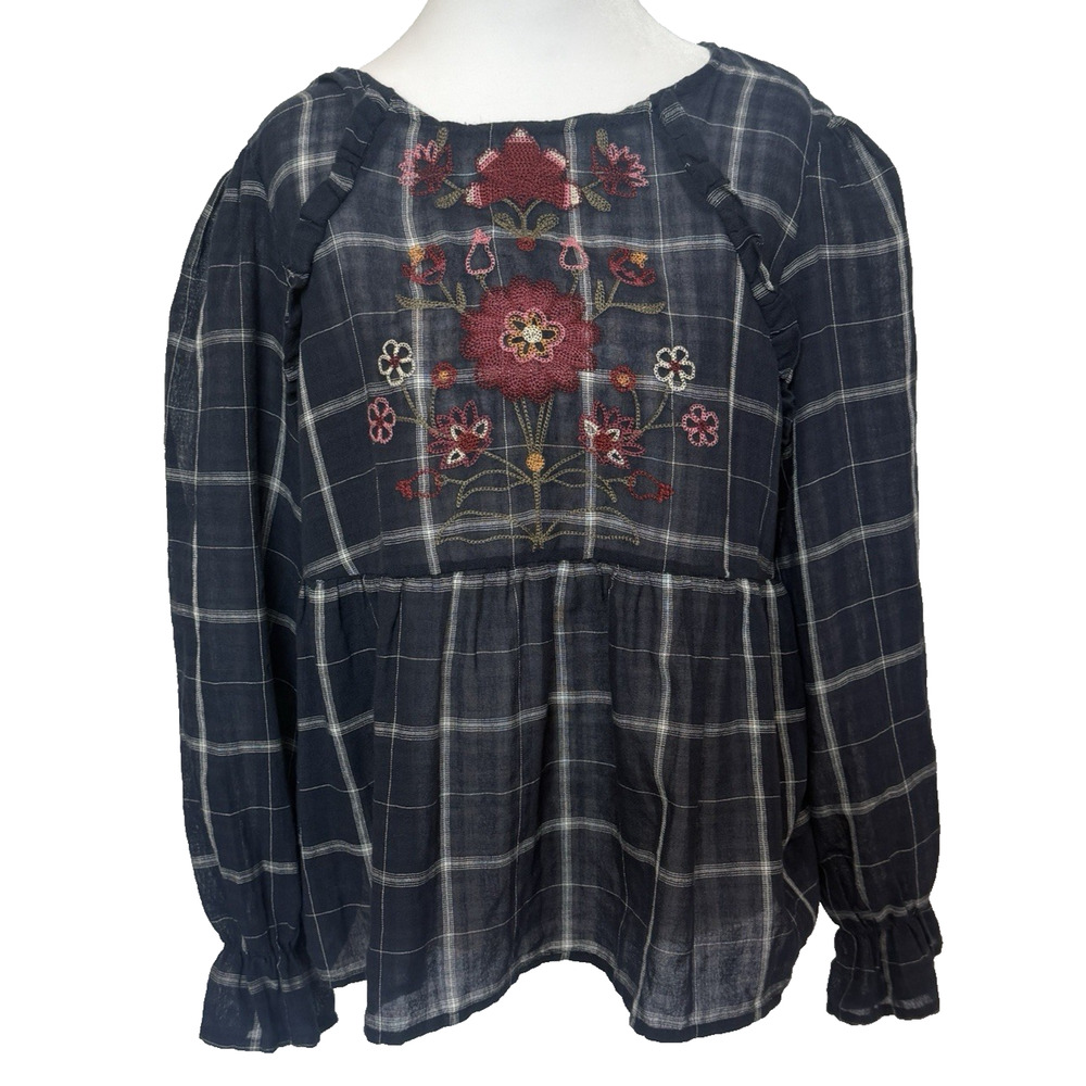 Blue Rain Womens Floral Embroidered Blouse Size M Boho Peasant Puff Ruffle Plaid